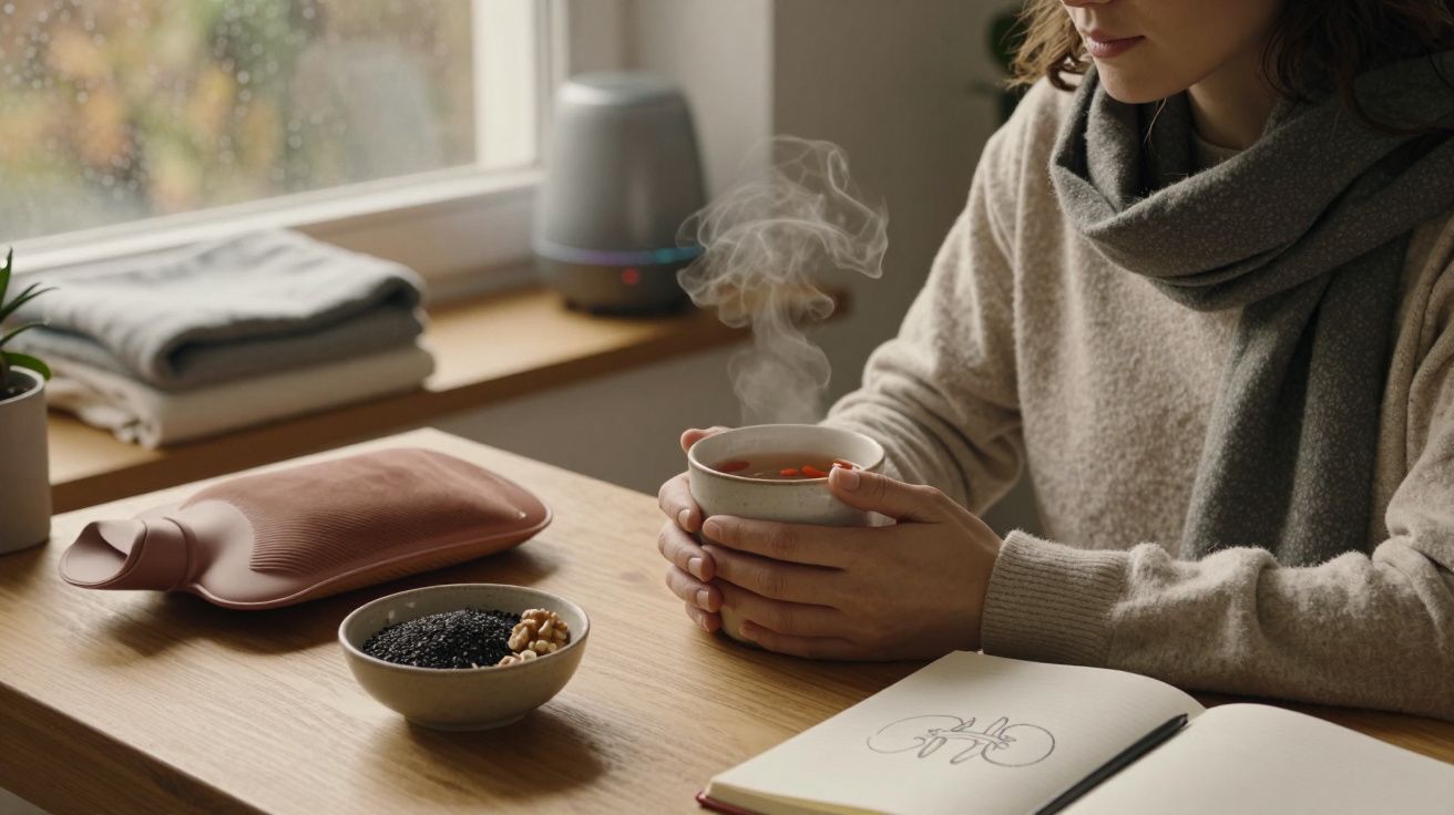 Mulher segura chá quente à mesa com caderno aberto, tigela de nozes e bolsa de água quente.