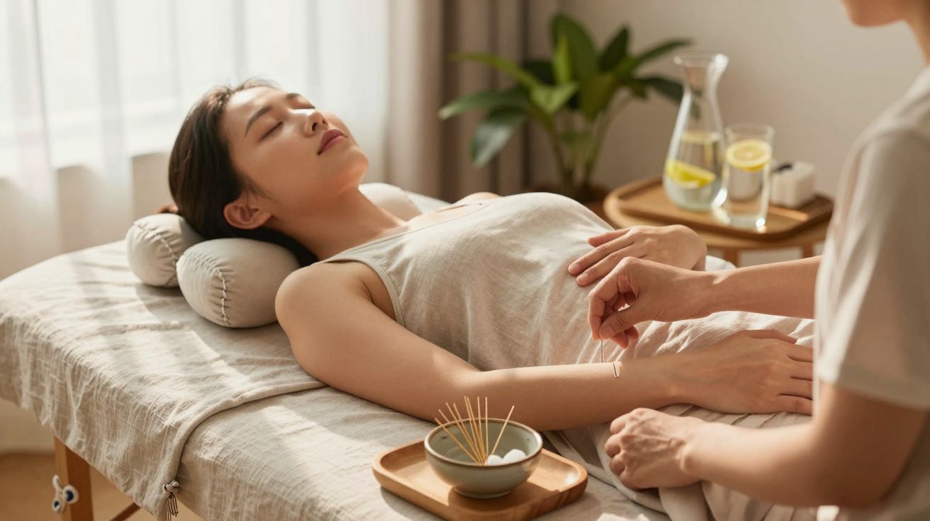 Mulher a receber tratamento de acupuntura, deitada numa marquesa com ambiente relaxante e plantas ao fundo.