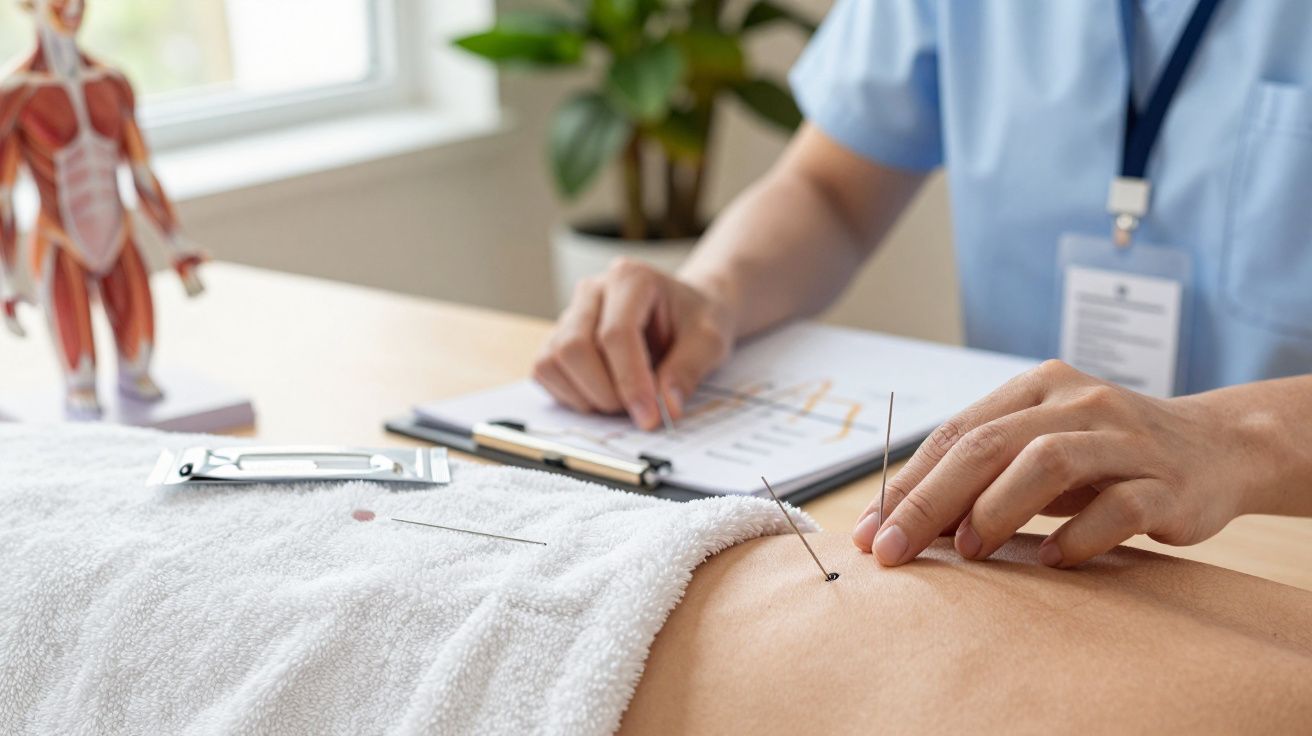 Terapia de acupuntura aplicando agulhas no abdomen de uma pessoa, com um profissional ao fundo tomando notas.