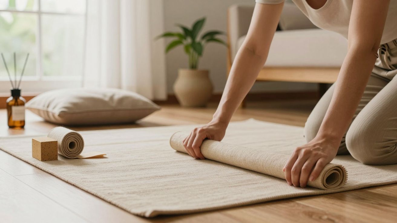 Pessoa a enrolar tapete de yoga num espaço ensolarado com almofada e planta ao fundo.