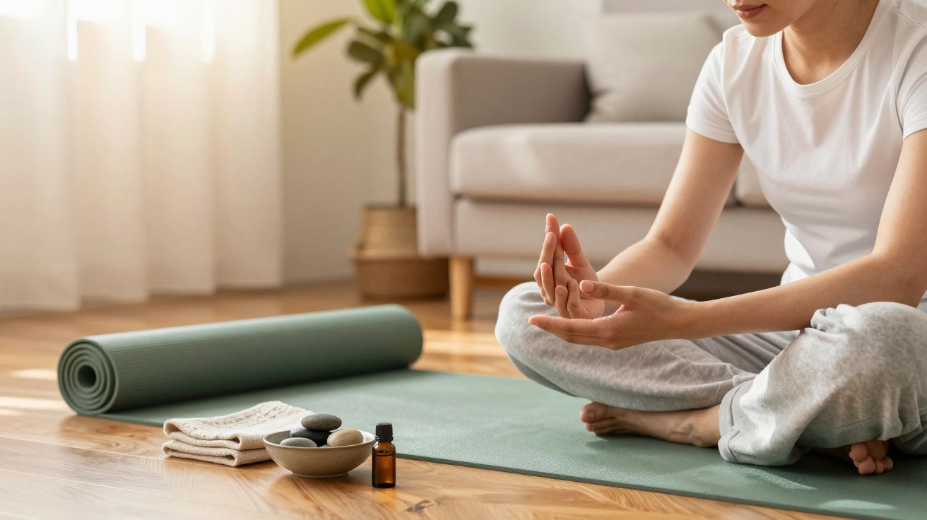 Mulher medita em tapete de yoga verde, com pedras e óleo essencial ao lado, numa sala iluminada.