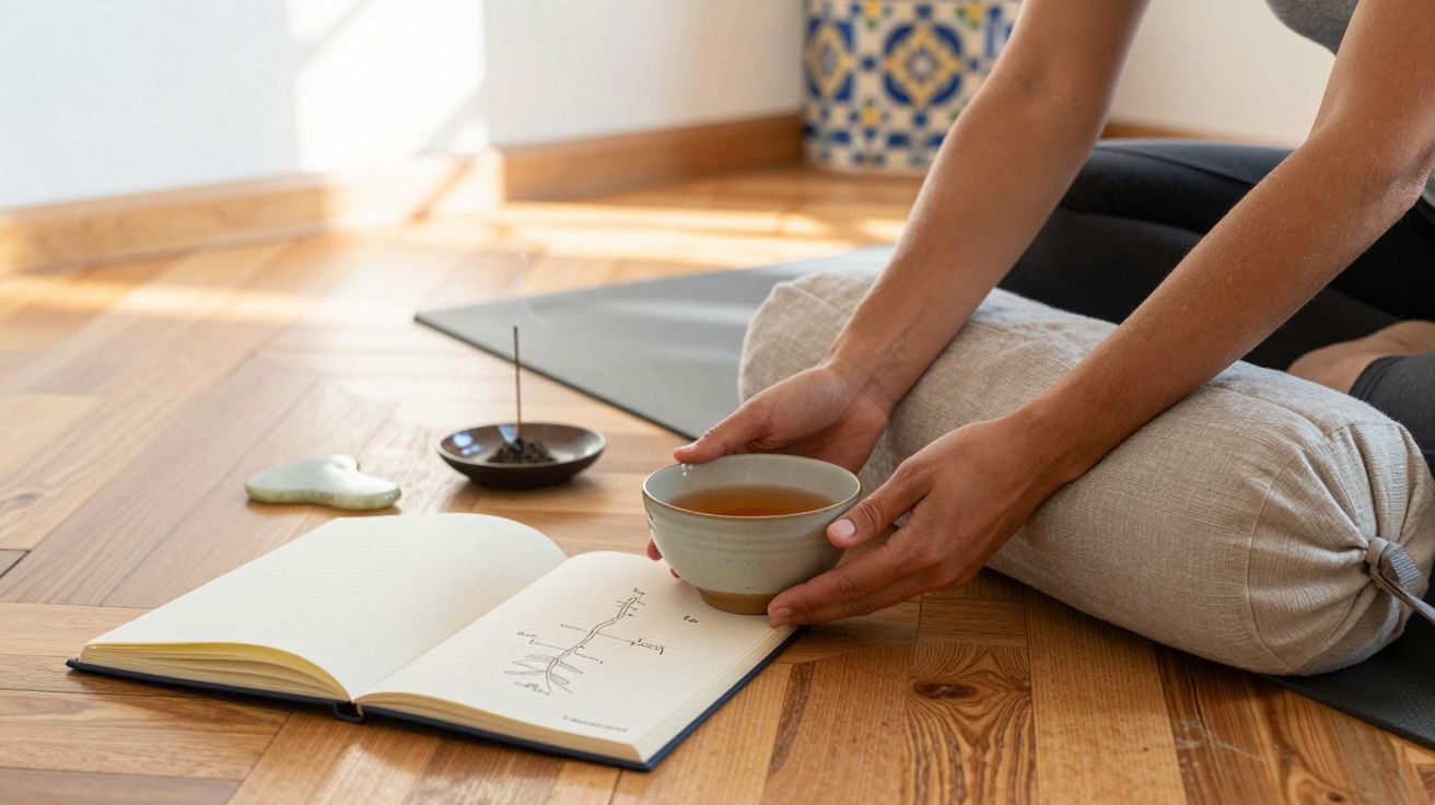 Pessoa segurando chá ao lado de um caderno aberto no chão, incenso aceso ao lado, ambiente acolhedor.