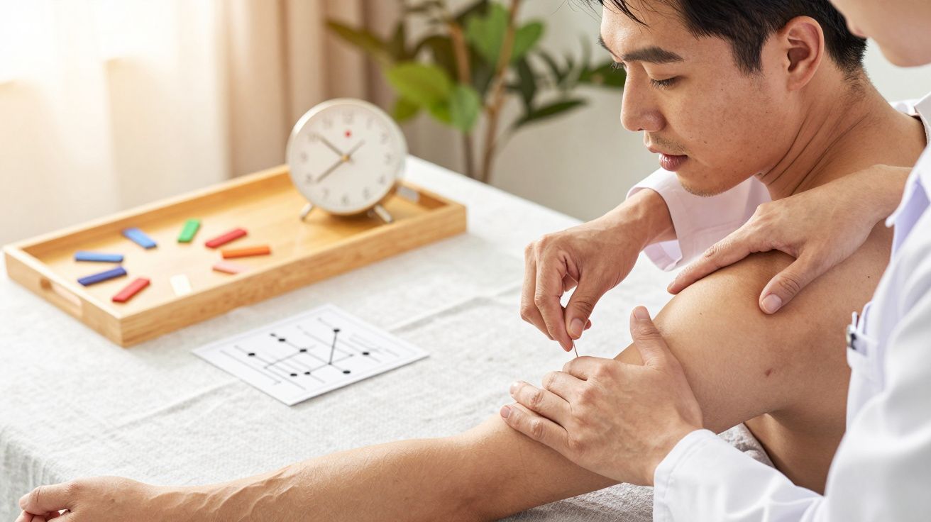 Terapia de acupuntura no braço de um paciente em consultório, com mesa e objetos diversos ao fundo.