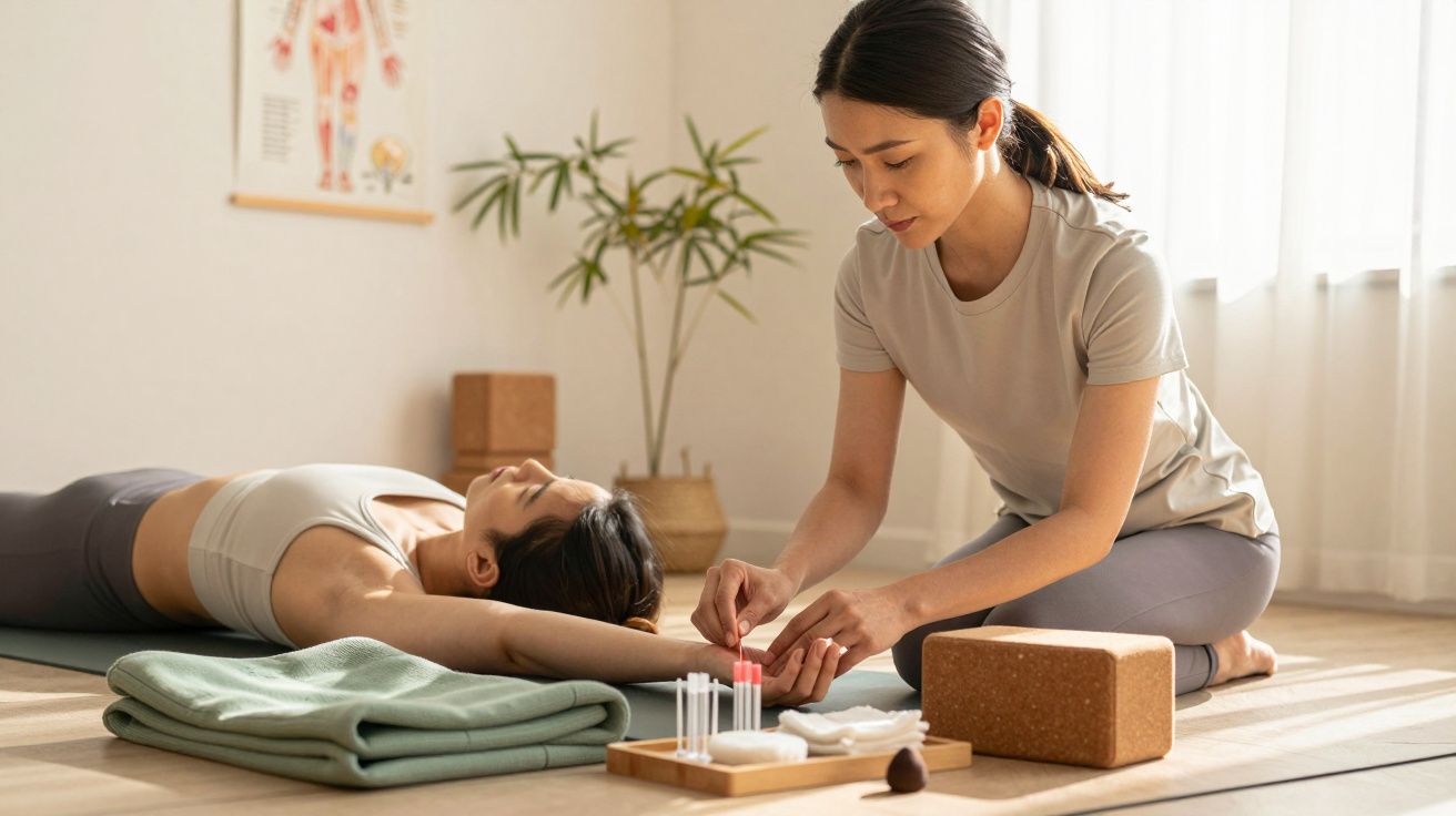 Duas mulheres em sessão de acupuntura; uma deitada relaxando, enquanto a outra prepara agulhas ao lado em ambiente sereno.
