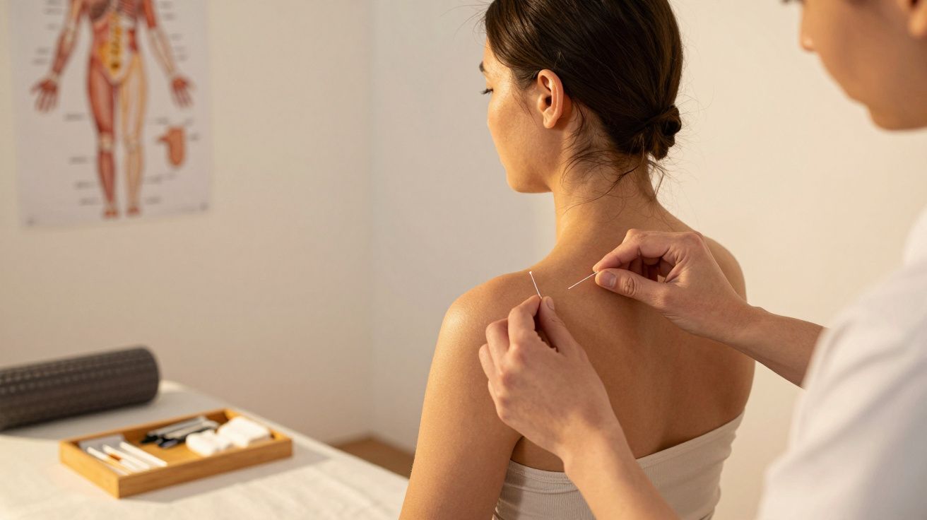 Pessoa recebe sessão de acupuntura nas costas, com agulhas sendo inseridas por praticante em ambiente de terapia.