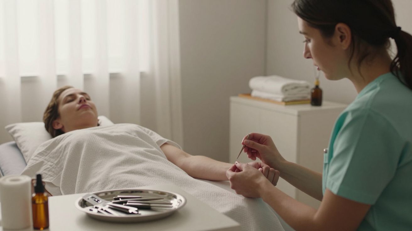 Enfermeira prepara-se para colher sangue de uma paciente deitada na maca de uma sala de exames com utensílios médicos.