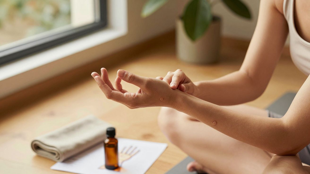 Pessoa sentada no chão aplicando óleo essencial no braço, com planta ao fundo e frasco de óleo ao lado.