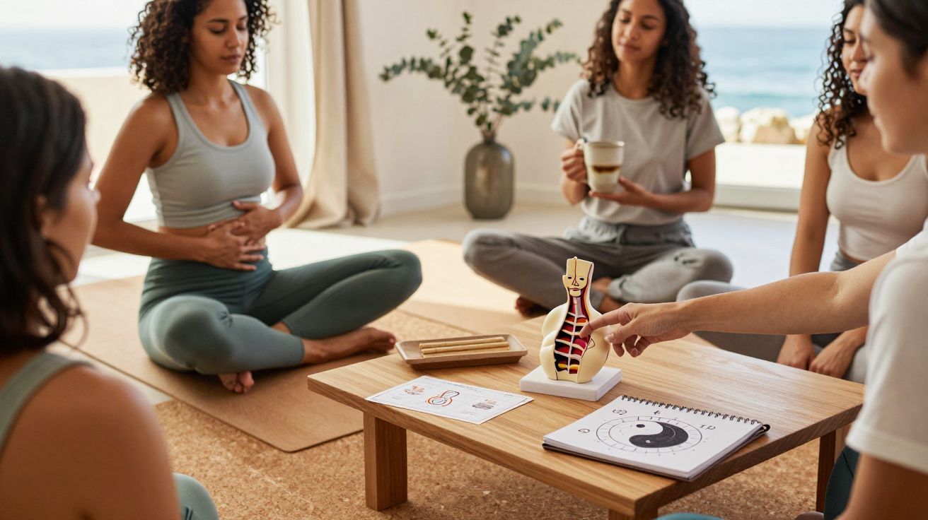 Grupo de mulheres sentadas em círculo numa aula de meditação, com uma mesa ao centro com materiais de estudo e uma planta.