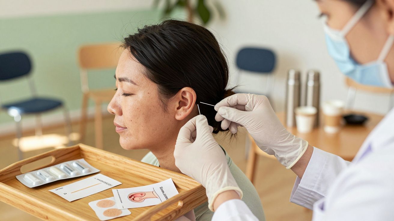 Profissional aplica agulha na orelha de uma mulher em sessão de acupuntura.