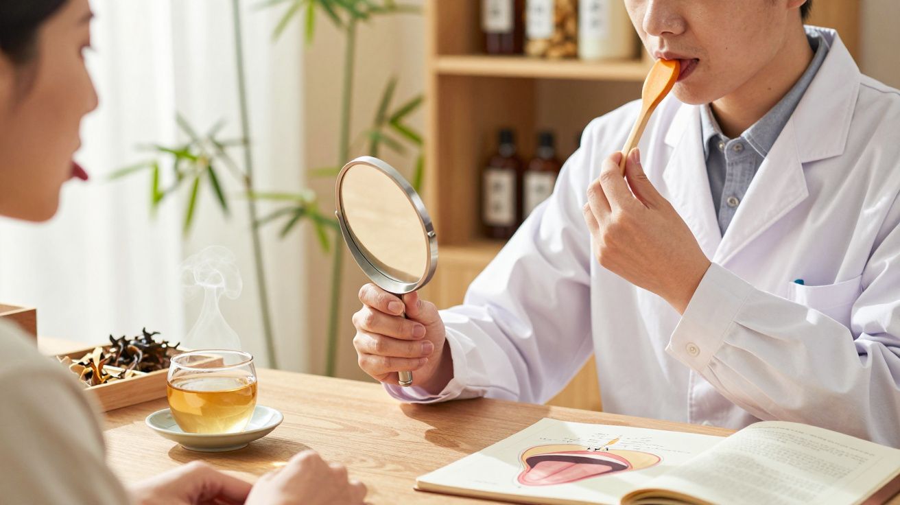 Pessoa em consulta médica, segurando espelho e espátula, livro aberto e chá na mesa.