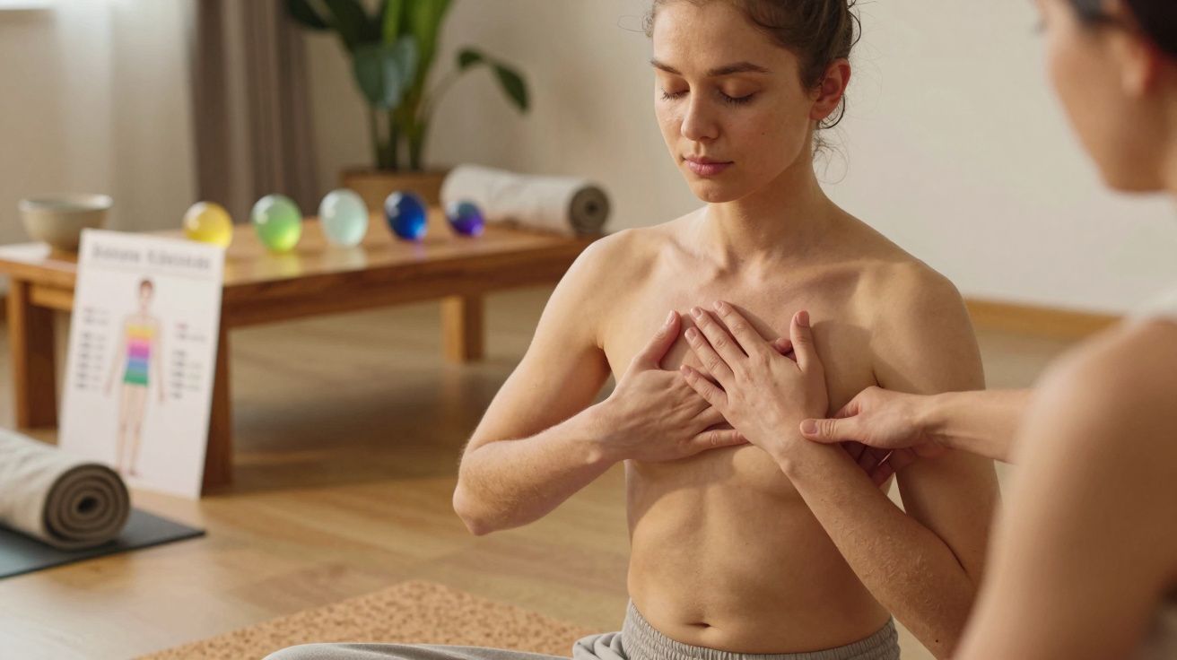 Mulher sentada em meditação, com mãos no peito, em ambiente de prática com tapete, toalhas e esferas coloridas ao fundo.