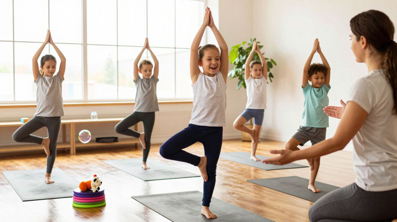 Crianças em aula de ioga fazem a postura da árvore guiadas por uma instrutora numa sala iluminada.
