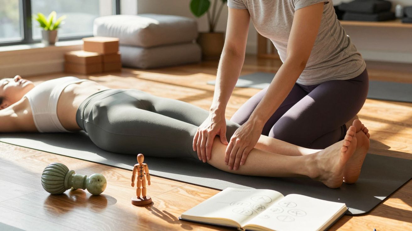 Mulher em tapete de ioga, recebendo massagem nas pernas; objetos de relaxamento e caderno visíveis.