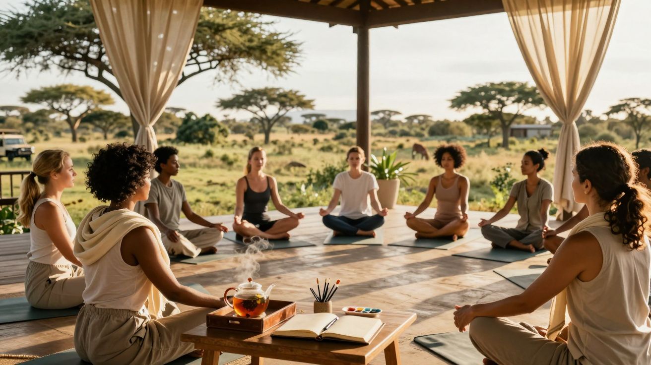 Grupo a meditar numa varanda com vista para a savana, chá e livro sobre a mesa, árvores e animais ao fundo.