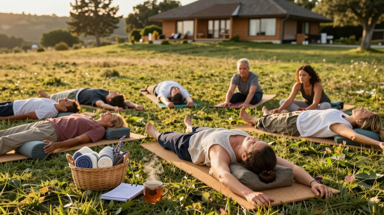 Grupo de pessoas a praticar ioga ao ar livre em relvado, com cestos e chá ao fundo, perto de uma casa.