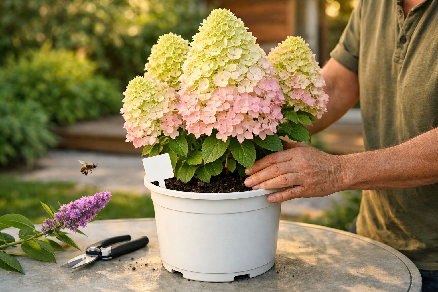 Homem segura vaso de hortênsias rosa e amarelas numa mesa de jardim, com abelha próxima a uma flor roxa.