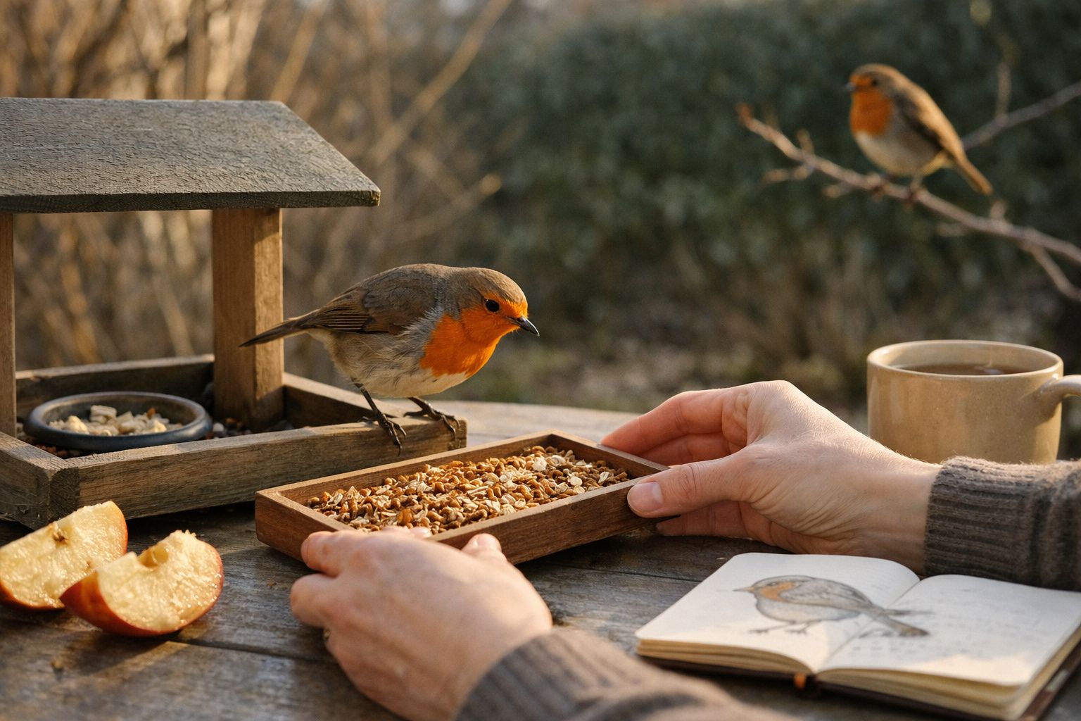 Pisco-de-peito-ruivo come sementes em mesa, com maçã cortada, chávena de chá e caderno de esboços ao lado.