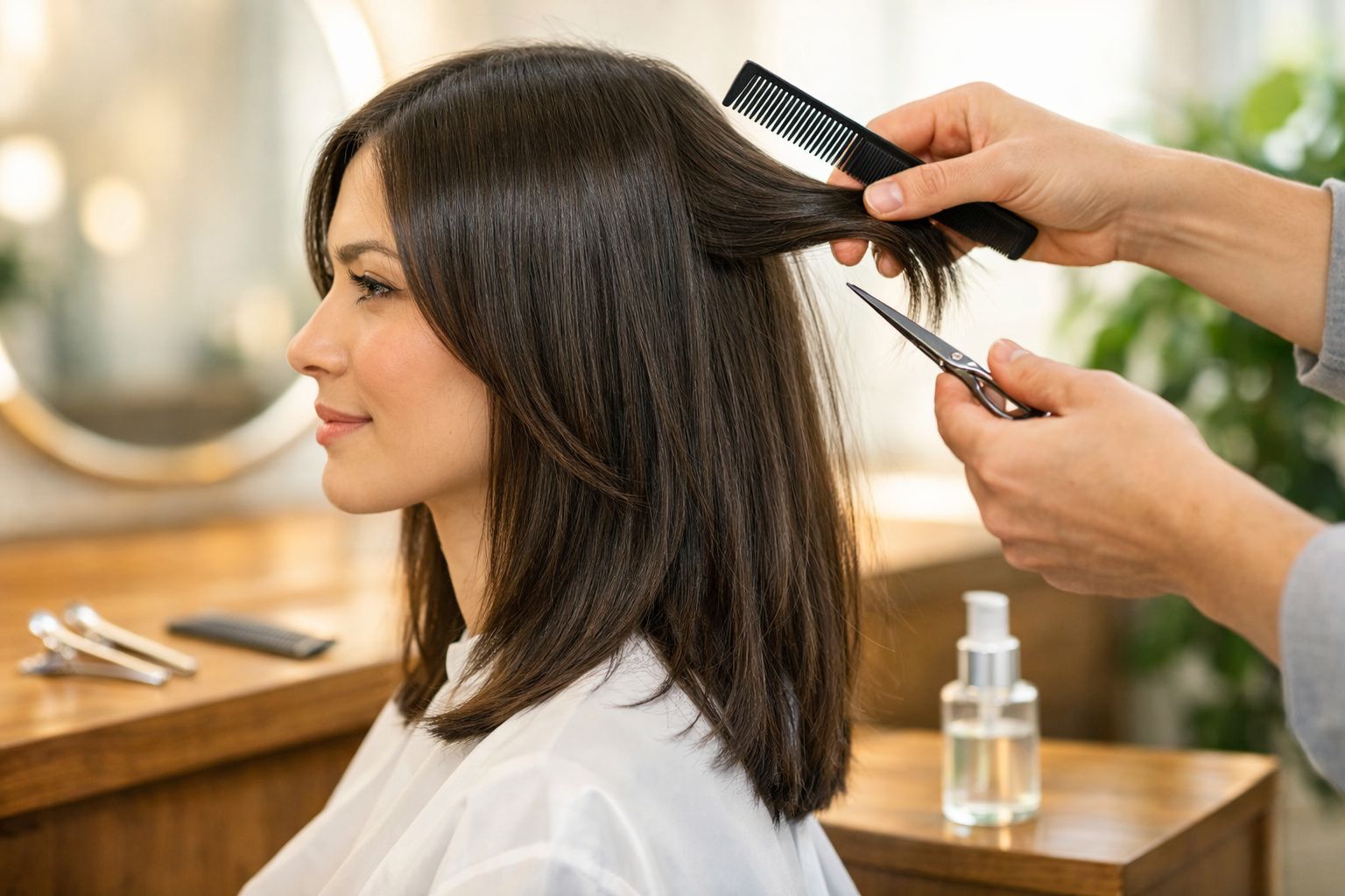 Mulher com cabelo castanho a ser cortado por cabeleireiro com tesoura e pente, no salão.