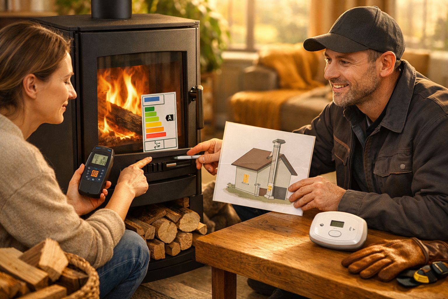 Mulher e homem discutem eficiência energética junto a uma lareira, ambos segurando instrumentos e papéis informativos.