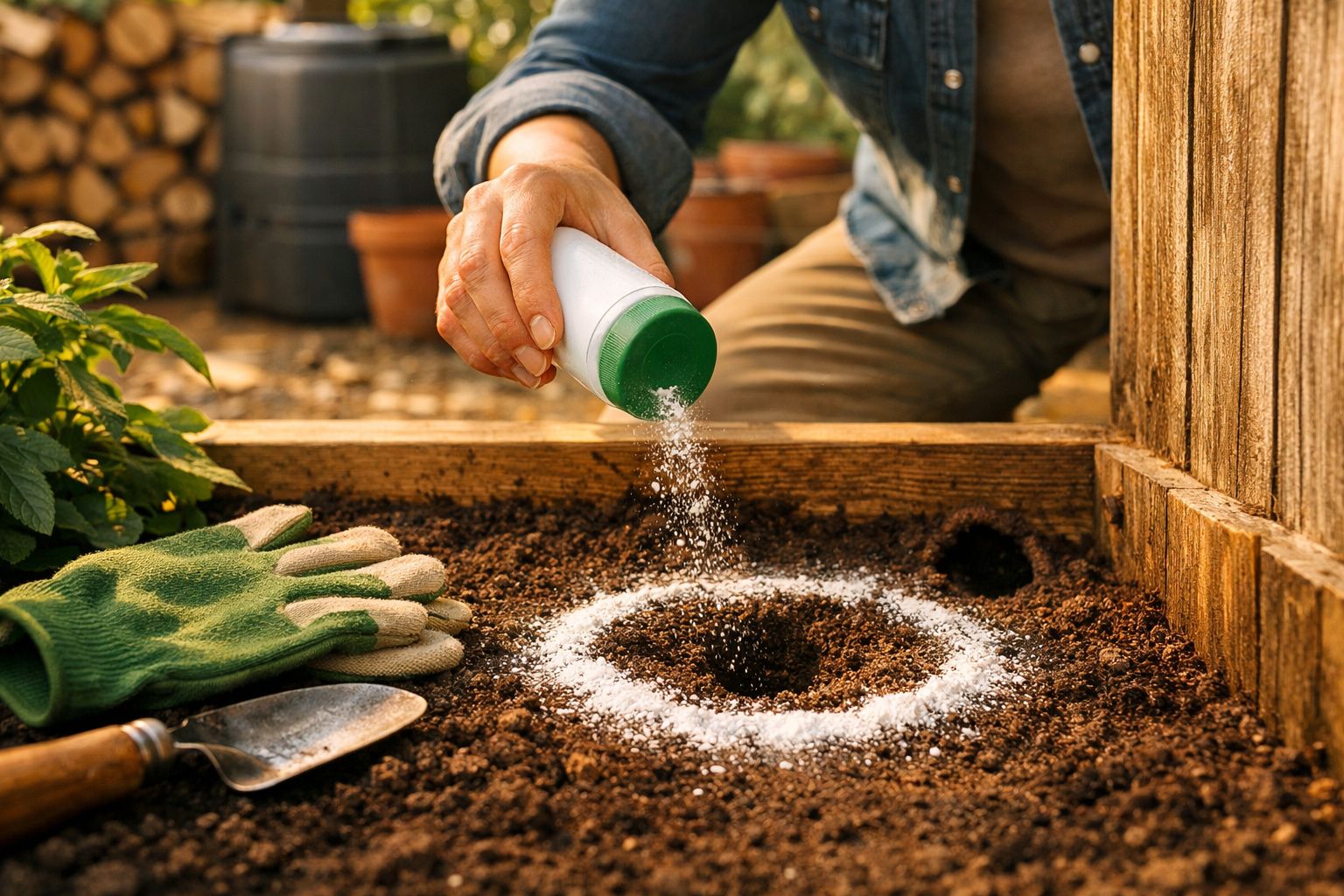 Pessoa deita pó branco à volta de um buraco num canteiro de terra. Luvas e pá no lado esquerdo.