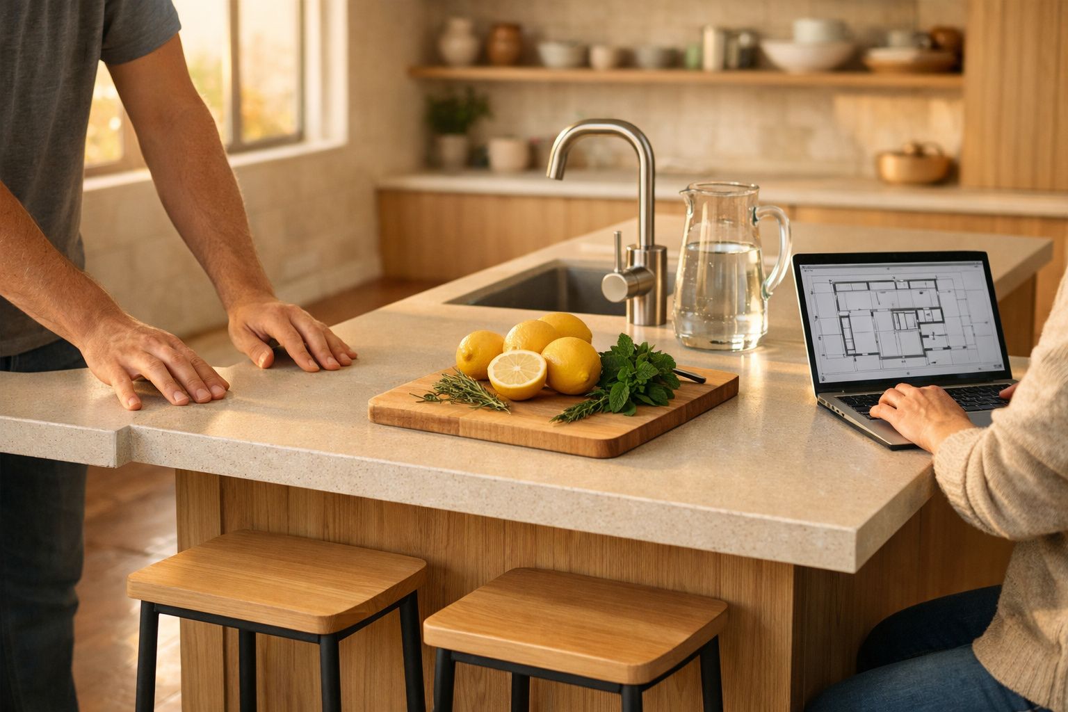 Pessoa a servir café numa caneca num balcão de cozinha, rodeada por limões, ervas e flores.