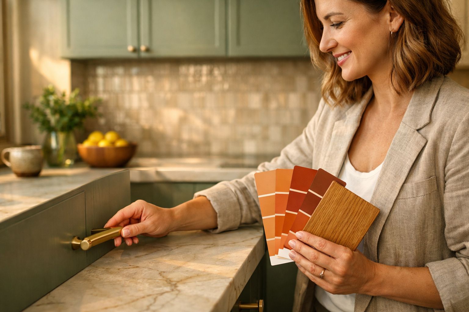 Mulher segura amostras de cores e madeira enquanto escolhe um puxador para móvel na cozinha iluminada pelo sol.