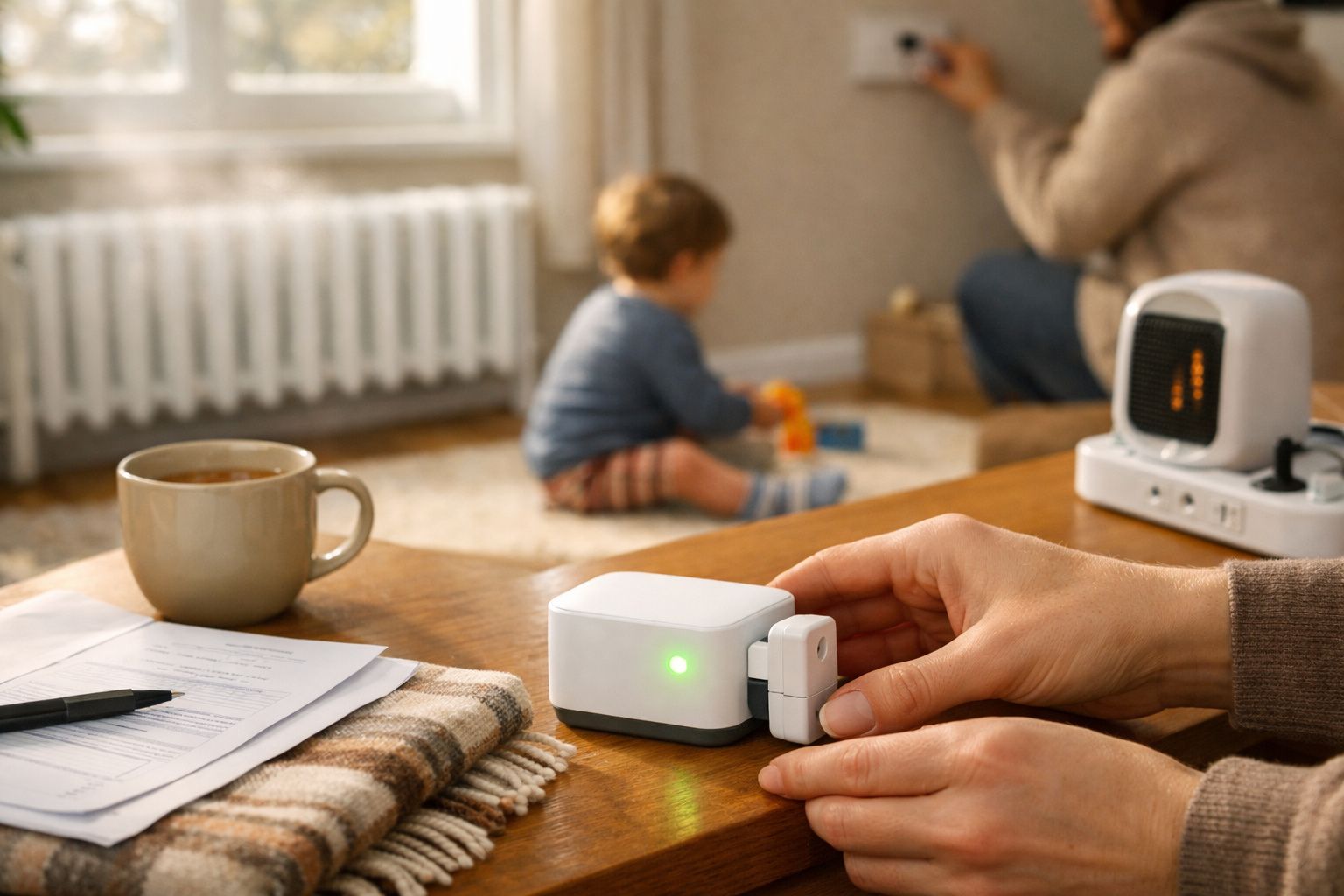 Mãos segurando uma ficha elétrica com luz verde, criança ao fundo a brincar no tapete e uma chávena de café na mesa.