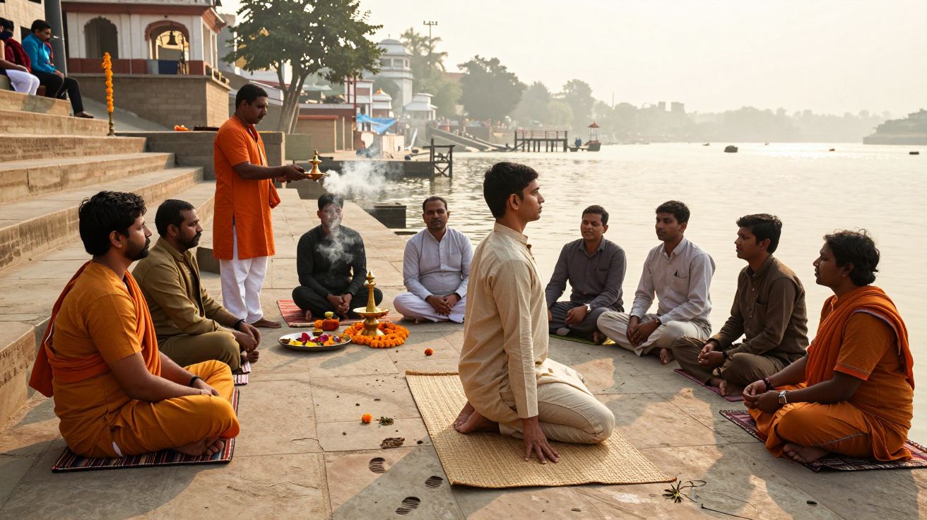 Grupo de pessoas em meditação à beira de um rio, com uma cerimônia e oferendas no centro.