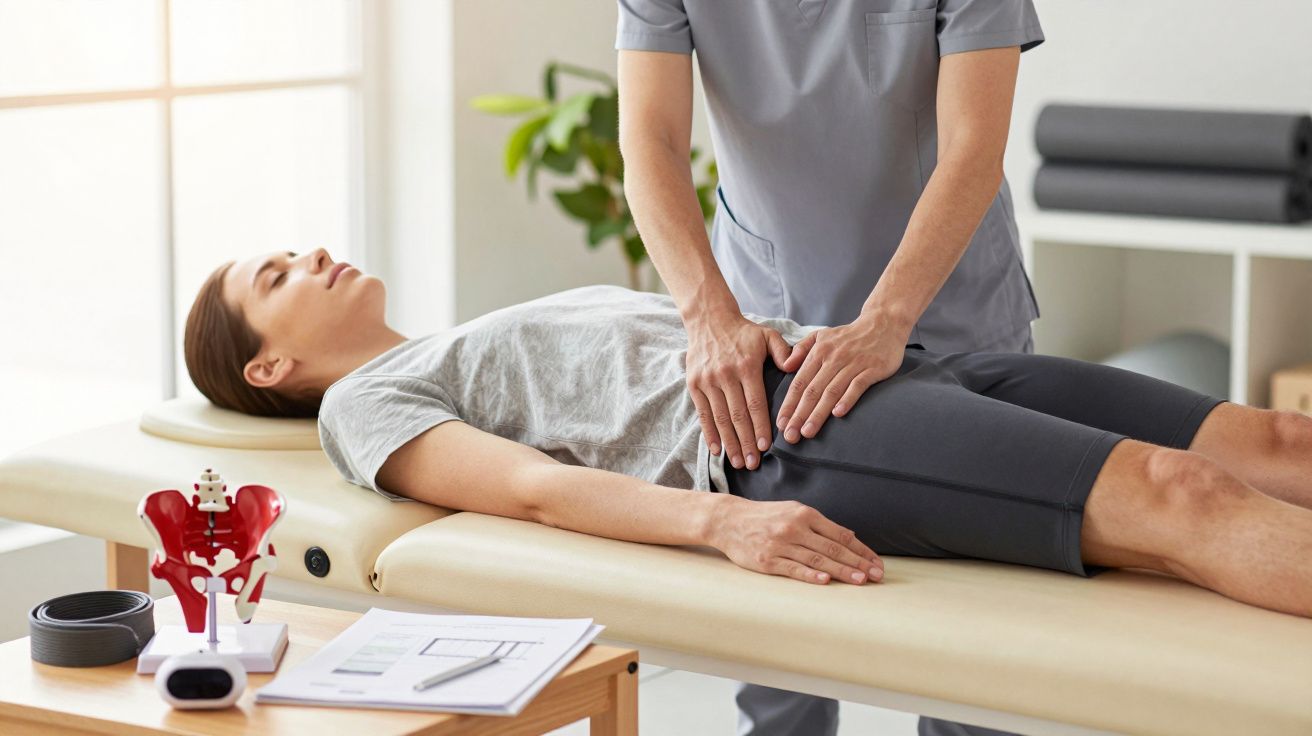Fisioterapeuta a realizar terapia manual na zona pélvica de um paciente deitado numa maca numa clínica.