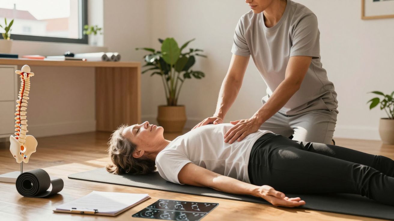 Pessoa recebendo sessão de fisioterapia em tapete de ioga, com modelos anatómicos ao lado e plantas no fundo.