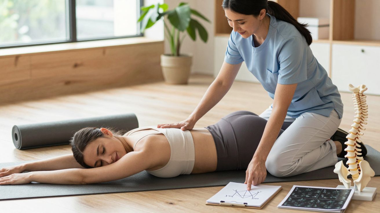 Terapeuta ajusta postura de paciente deitada de barriga para baixo em tapete de yoga, com modelo de coluna ao lado.