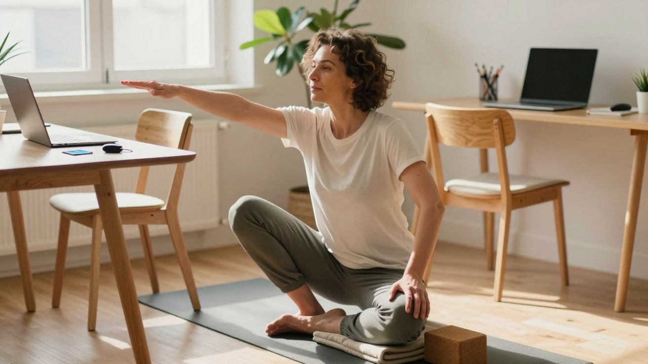 Mulher pratica ioga em casa, sentada no tapete com computador portátil em frente e plantas ao fundo.
