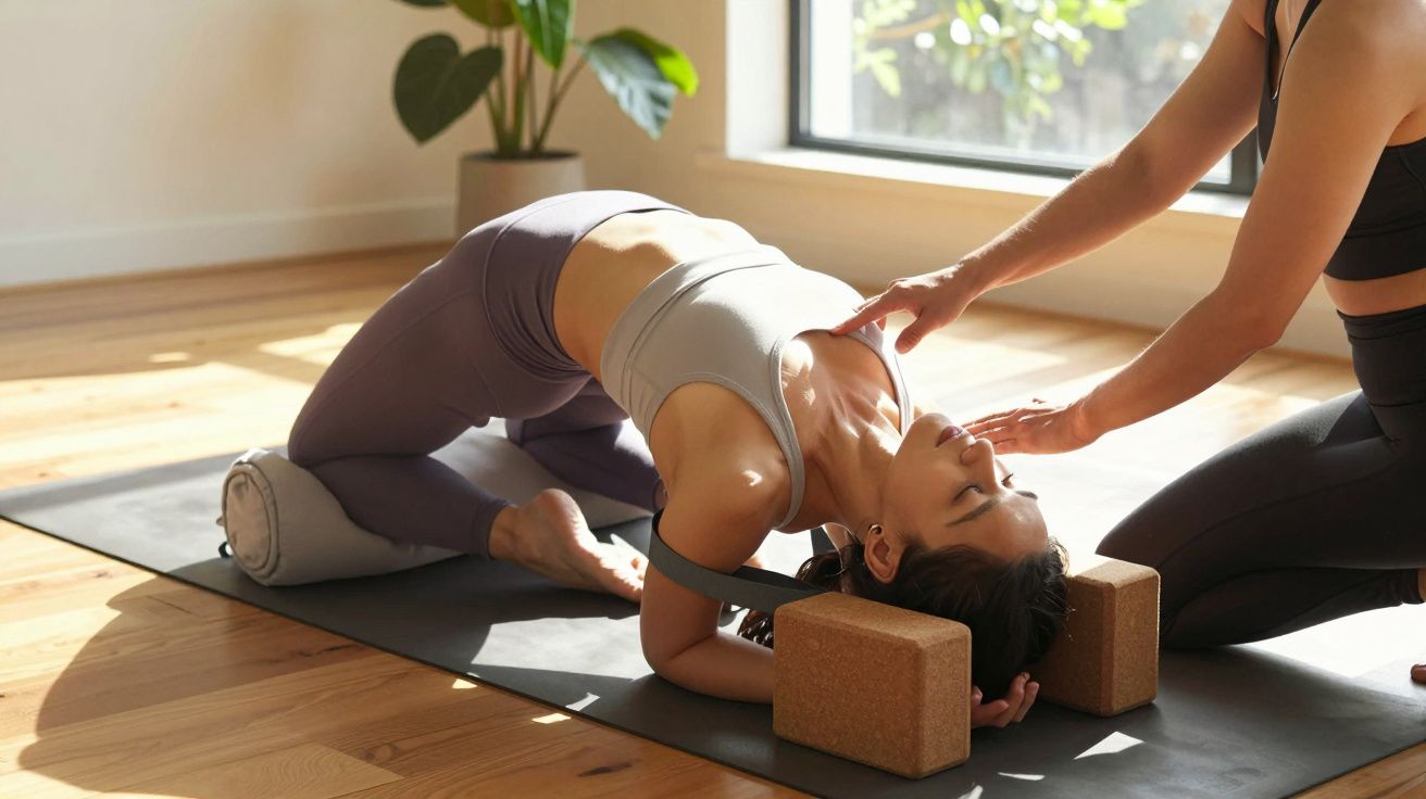 Mulher a praticar ioga no chão com orientação. Usa almofada e blocos para suporte, em sala iluminada.