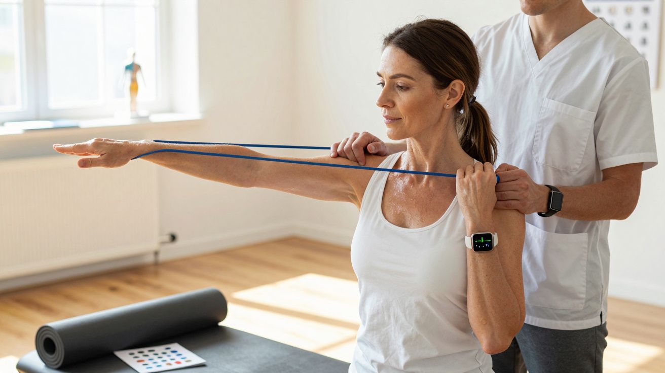 Mulher em exercício de reabilitação com faixa elástica, assistida por fisioterapeuta em sala bem iluminada.