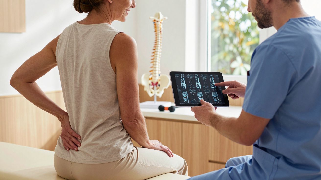 Médico mostrando imagens de raios-X da coluna a uma paciente sentada, enquanto ela aponta para as costas.