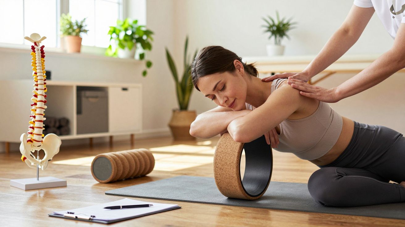 Mulher a receber massagem nos ombros enquanto descansa sobre um rolo de ioga; modelo esquelético ao fundo.