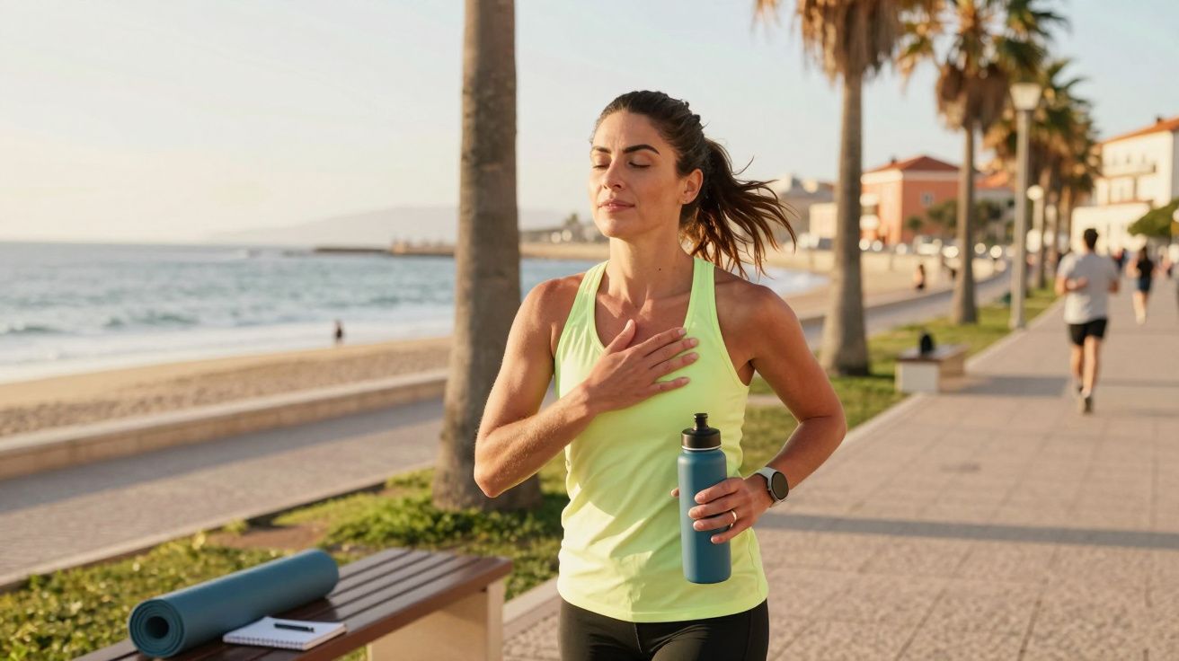 Mulher a correr junto à praia, segurando uma garrafa de água, com tapete de ioga sobre um banco.