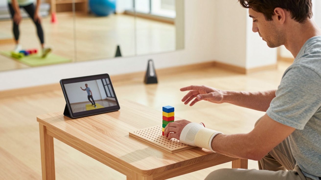 Homem com talas faz exercícios com blocos de madeira em frente a tablet numa sala de fisioterapia.