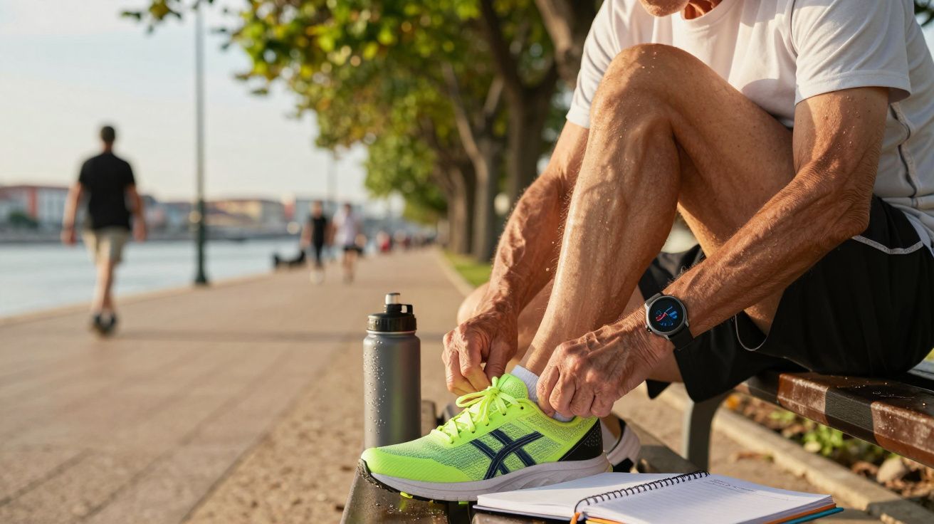 Homem sentado num banco à beira-rio, atando ténis desportivos, com garrafa de água e bloco de notas ao lado.