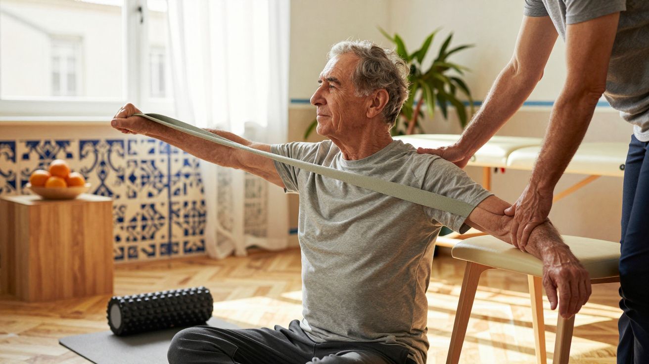 Homem idoso a fazer exercício com banda elástica, assistido por fisioterapeuta, numa sala iluminada.