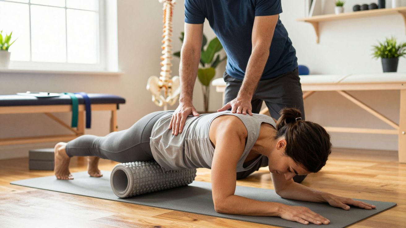 Mulher numa sessão de fisioterapia, usando um rolo de espuma no chão, com um fisioterapeuta a ajudá-la.