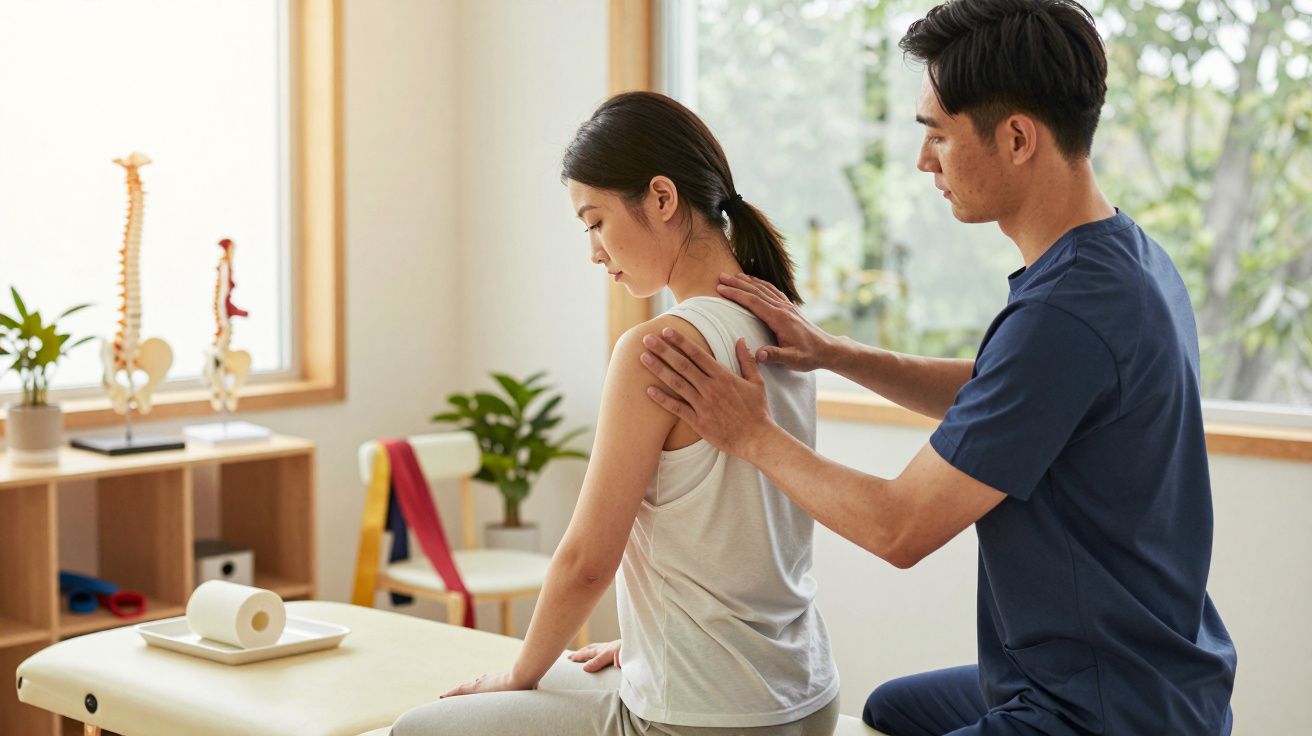 Fisioterapeuta em roupa azul trata as costas de uma paciente sentada numa clínica iluminada por luz natural.