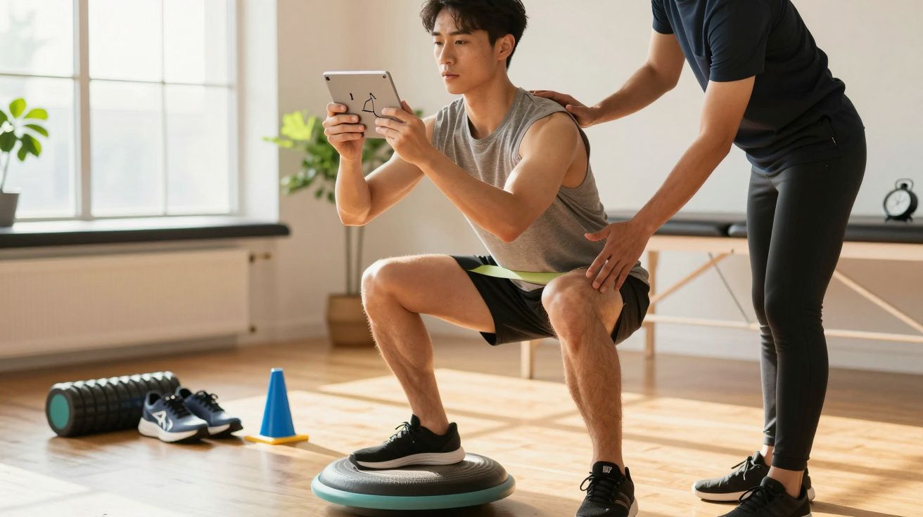 Homem faz agachamento em cima de uma plataforma de equilíbrio, com ajuda de um treinador, numa sala de treino iluminada.