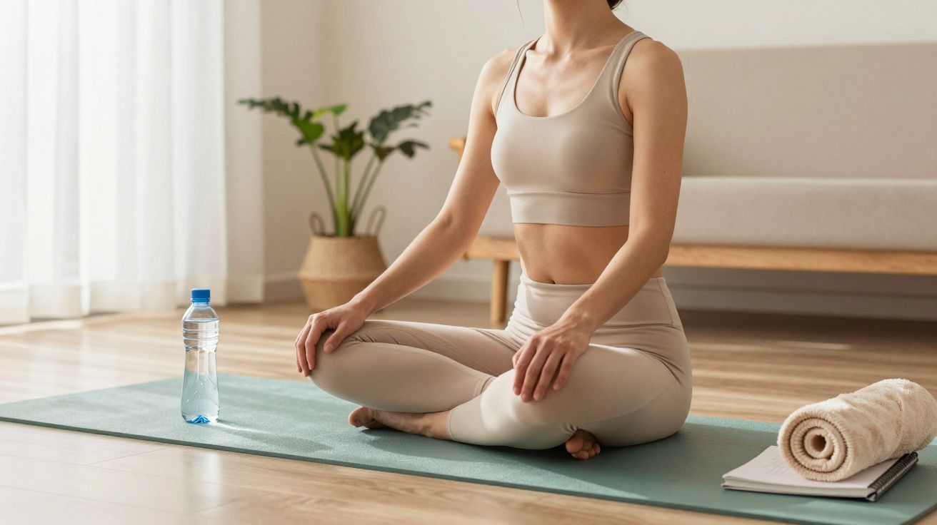 Mulher sentada em posição de lótus num tapete de yoga, com garrafa de água ao lado, numa sala luminosa.