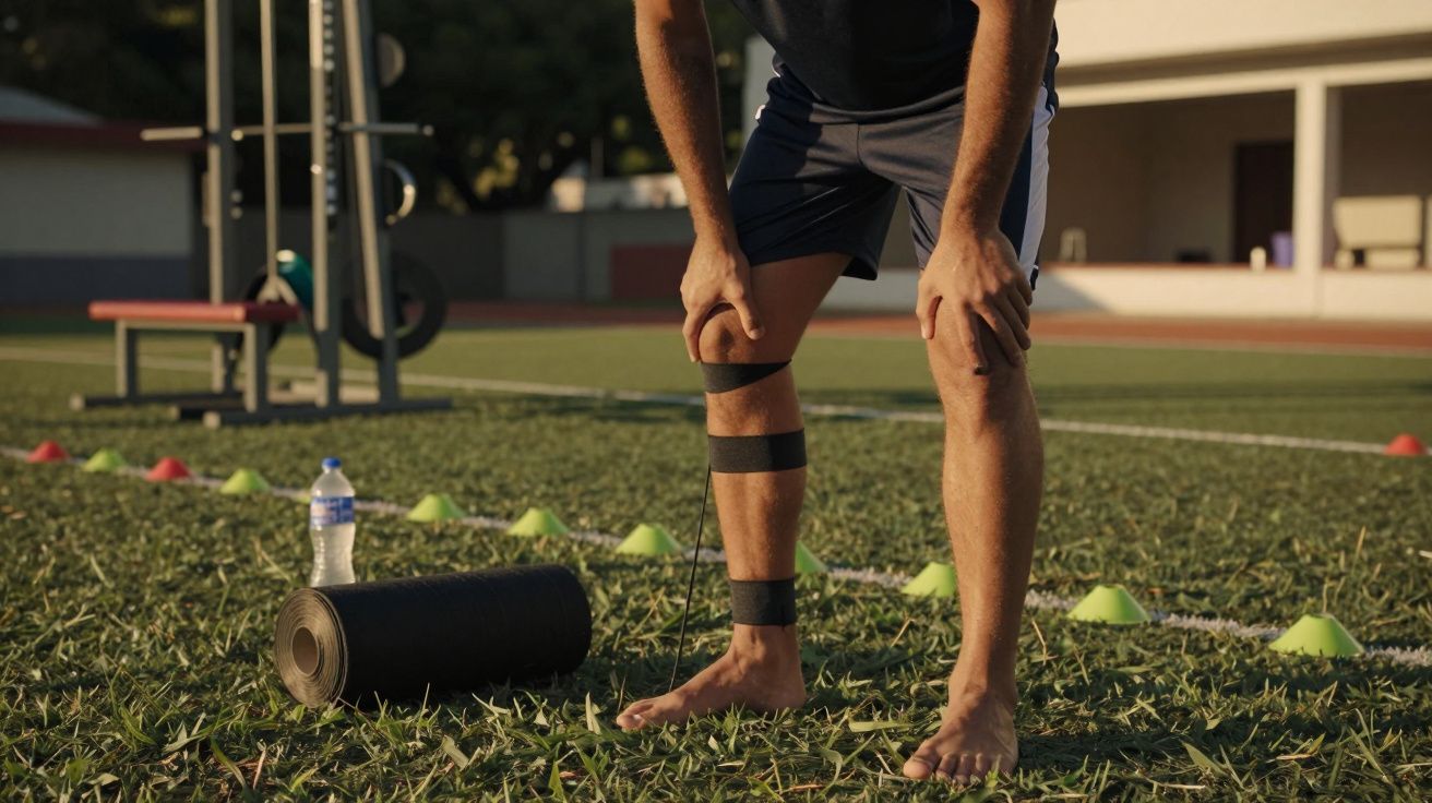 Homem em campo de treino, com rolo de espuma e garrafa de água, ajoelhado com as mãos nas pernas.