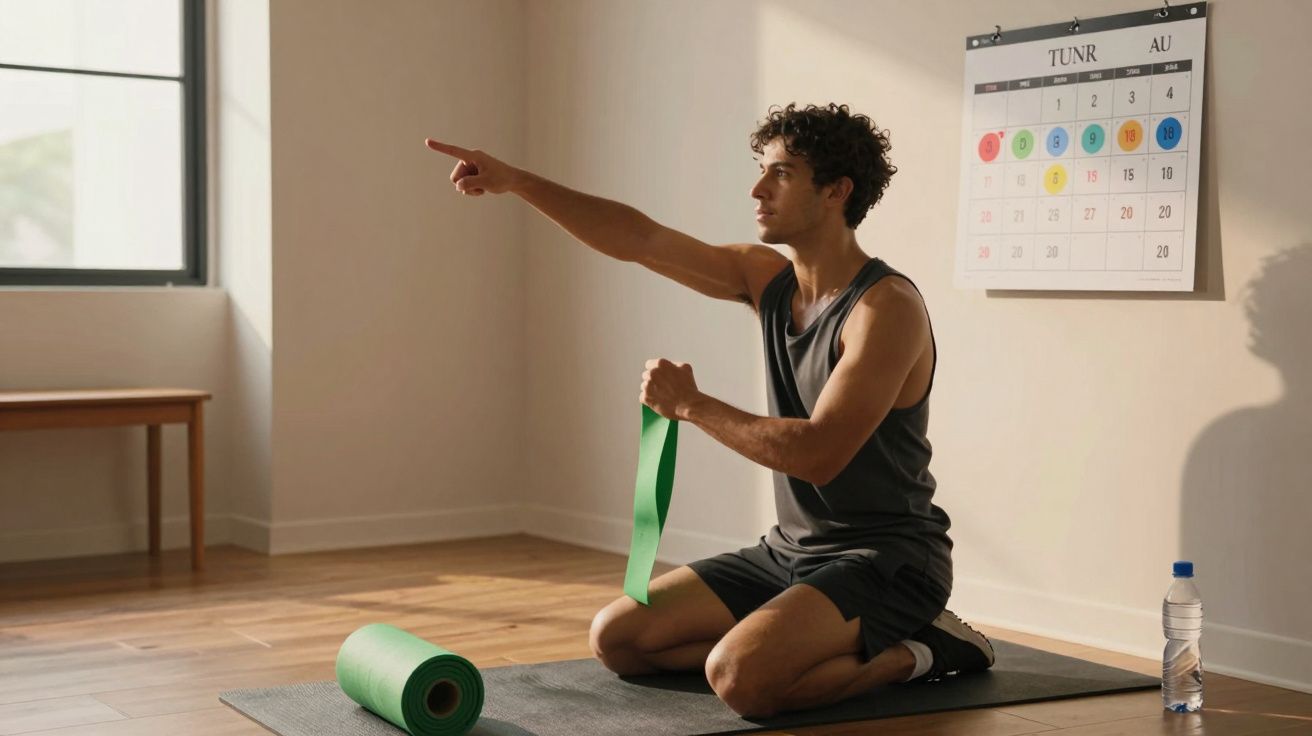 Homem sentado num tapete preto a segurar uma banda elástica verde, apontando para a frente, com um calendário na parede.