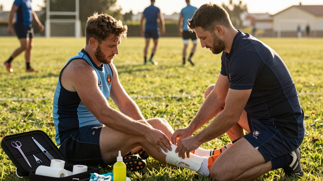 Dois homens em campo de treino de rugby, um a enrolar ligaduras na perna do outro. Maleta de primeiros socorros aberta ao lad