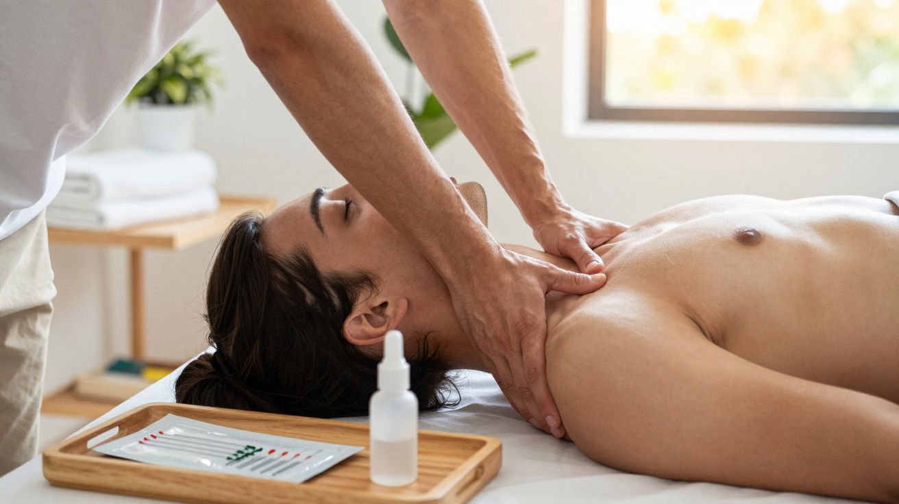 Pessoa a receber massagem no pescoço num spa, com produtos ao lado.
