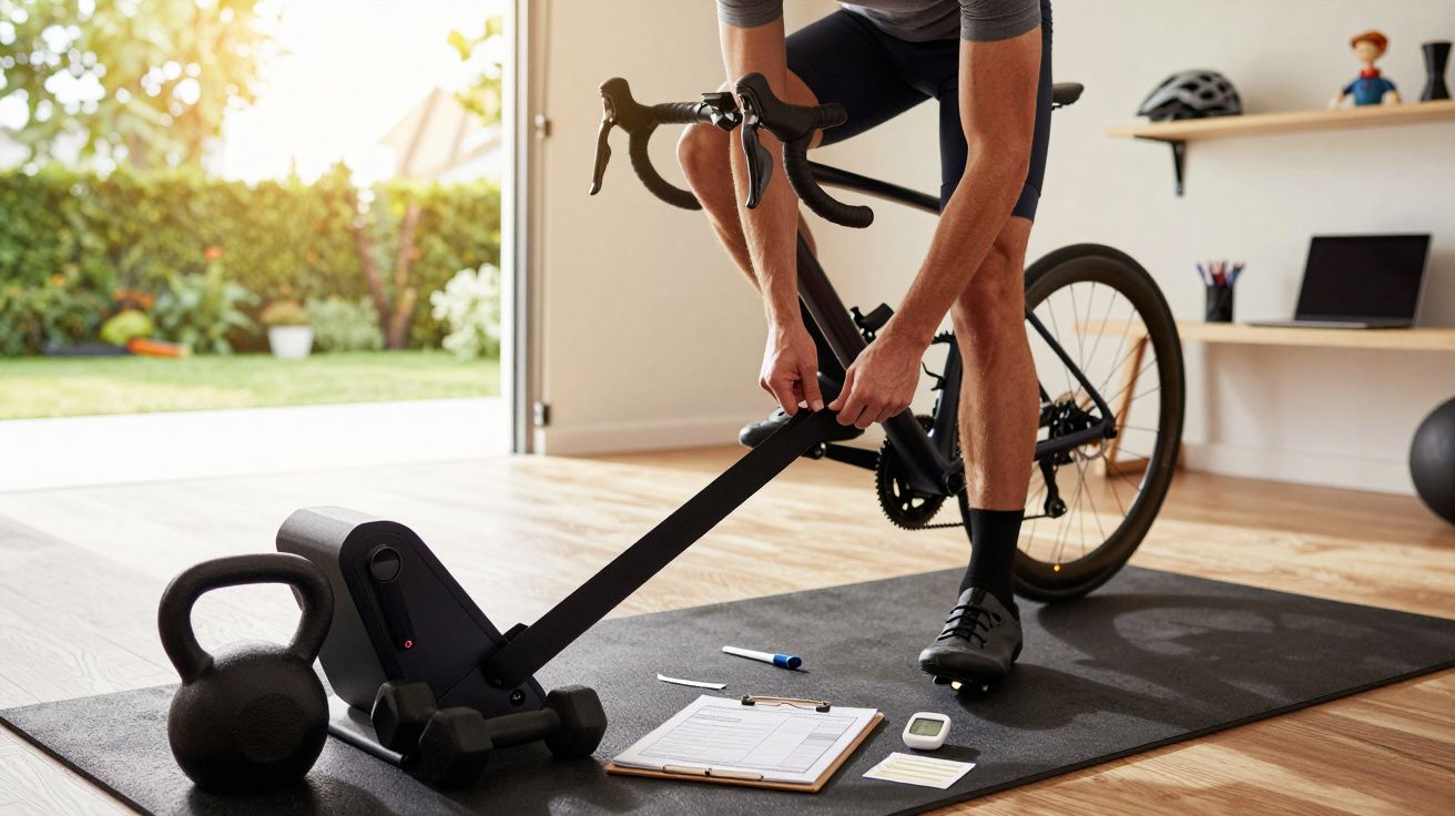 Homem ajusta bicicleta dentro de casa em suporte para treino, com tapete de yoga e equipamentos de exercício ao redor.