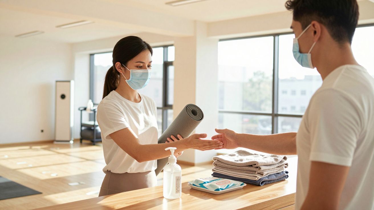 Duas pessoas de máscara numa sala de ginástica, trocando uma toalha e um desinfetante, com tapetes de ioga ao fundo.